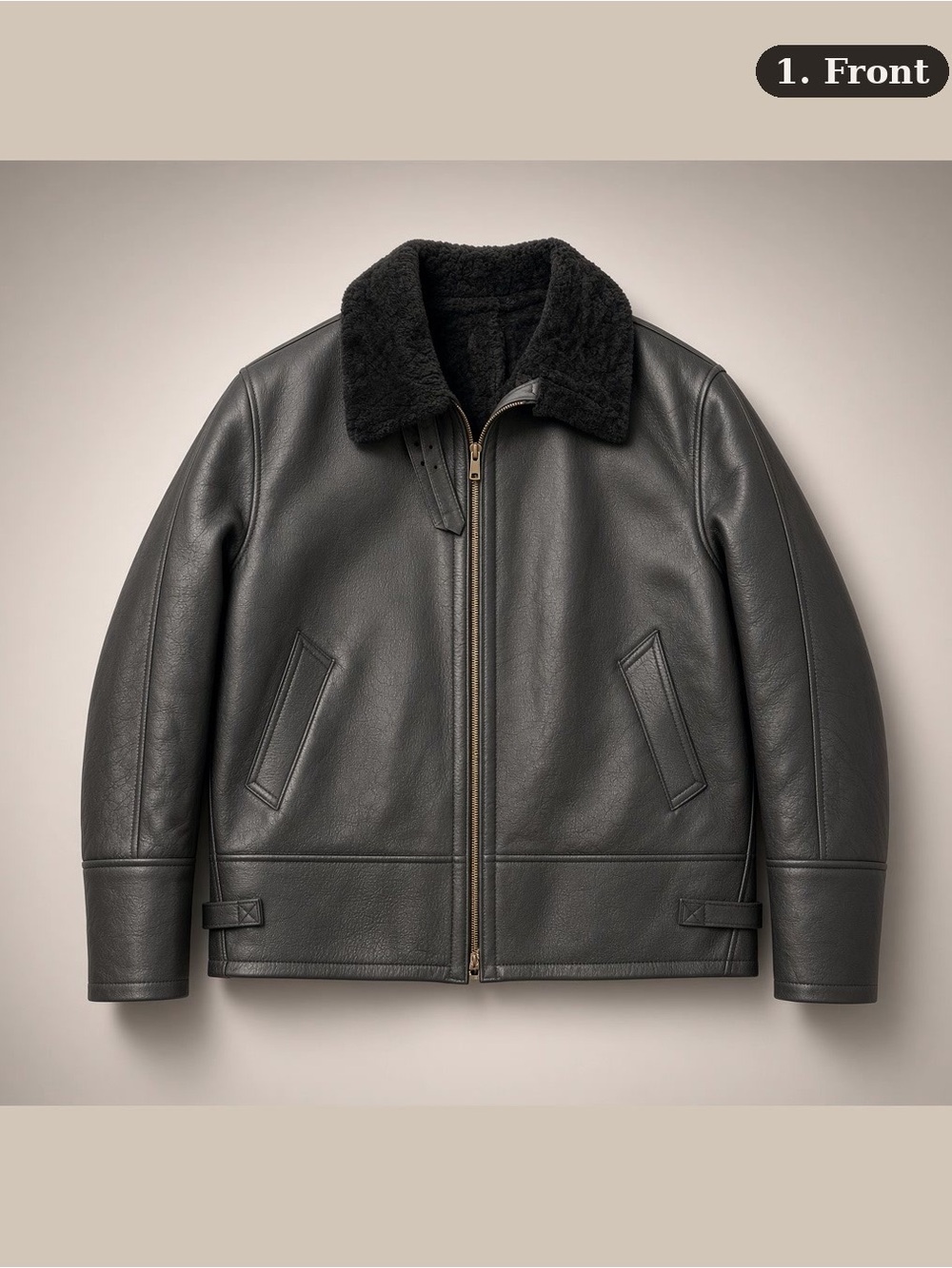Men's Black Shearling-Collar Leather Bomber Jacket